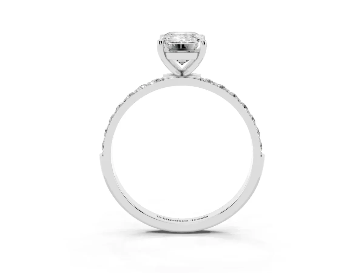 Emerald Cut Diamond Solitaire Ring with Round Pavé Shoulders and Prong Setting Silver