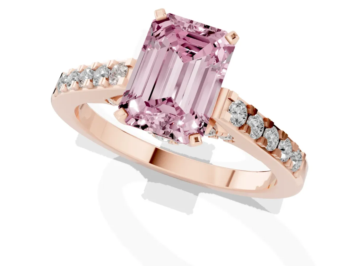 Fancy Pink Emerald Cut Diamond Solitaire Ring with Crossover Gallery and Round Pavé Band Rose gold