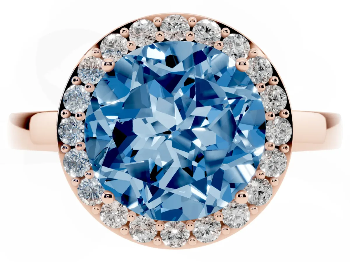 Fancy Blue Round Cut Halo Diamond Ring with Solitaire Band and Prong Setting Rose gold