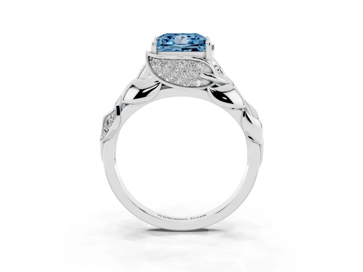 Fancy Blue Princess Cut Diamond Leaf-Inspired Engagement Ring with Round Accents and Prong Setting White gold