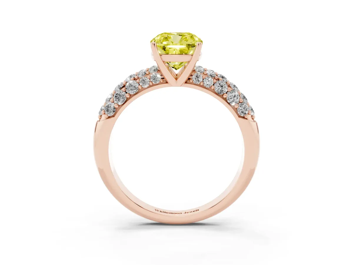 Fancy Yellow Cushion Cut Diamond Pavé Band Solitaire Ring with Four-Prong Setting Rose gold