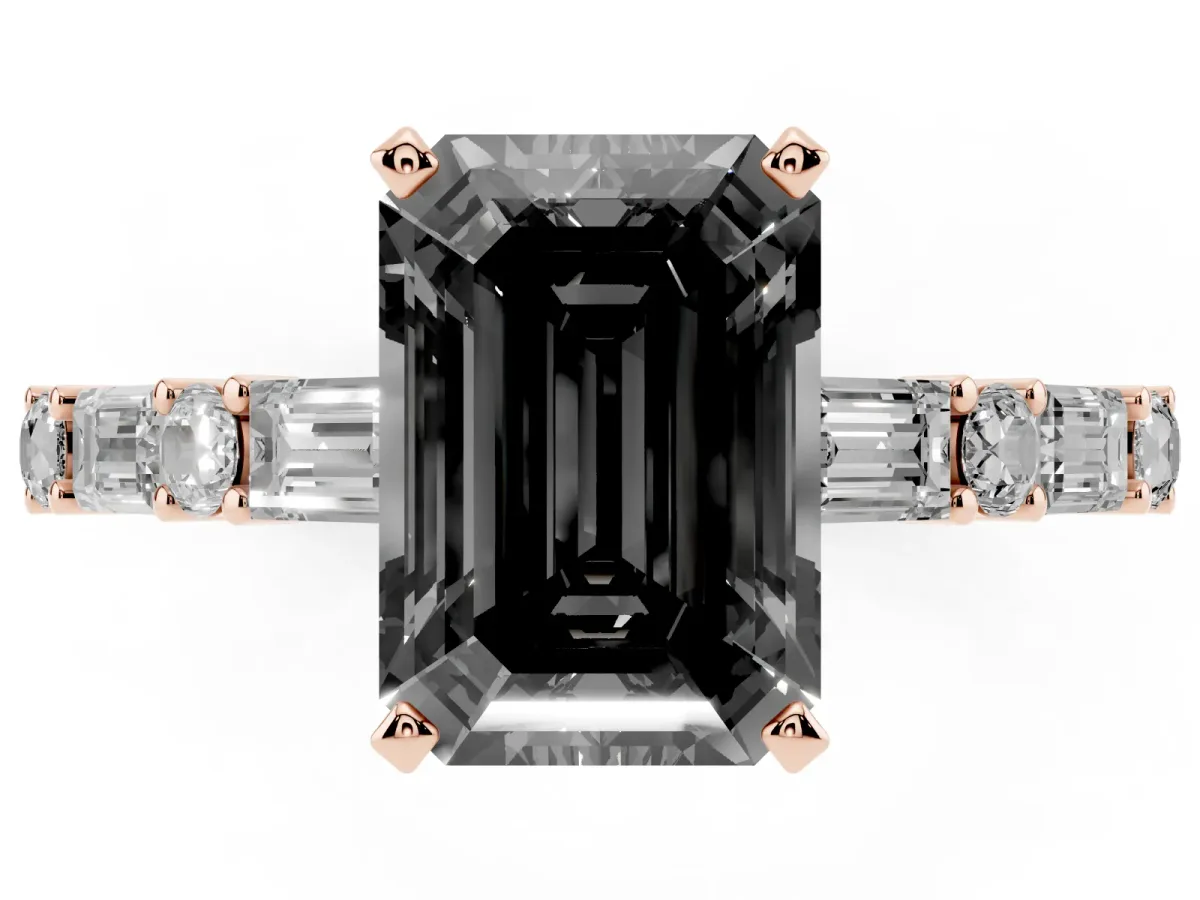Fancy Black Emerald Cut Diamond Solitaire with Side Baguettes and Channel Set Band Rose gold