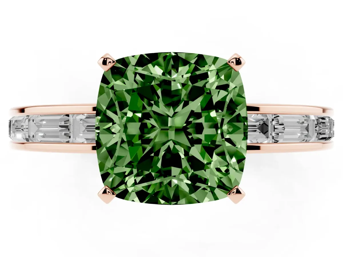 Fancy Green Cushion Cut Solitaire Diamond Ring with Channel-Set Baguette Band and Four-Prong Setting Rose gold