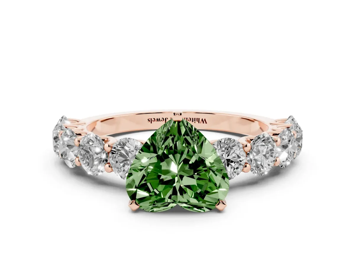 Fancy Green Heart Cut Diamond Prong Setting with Side Stones on a Pave Band Rose gold