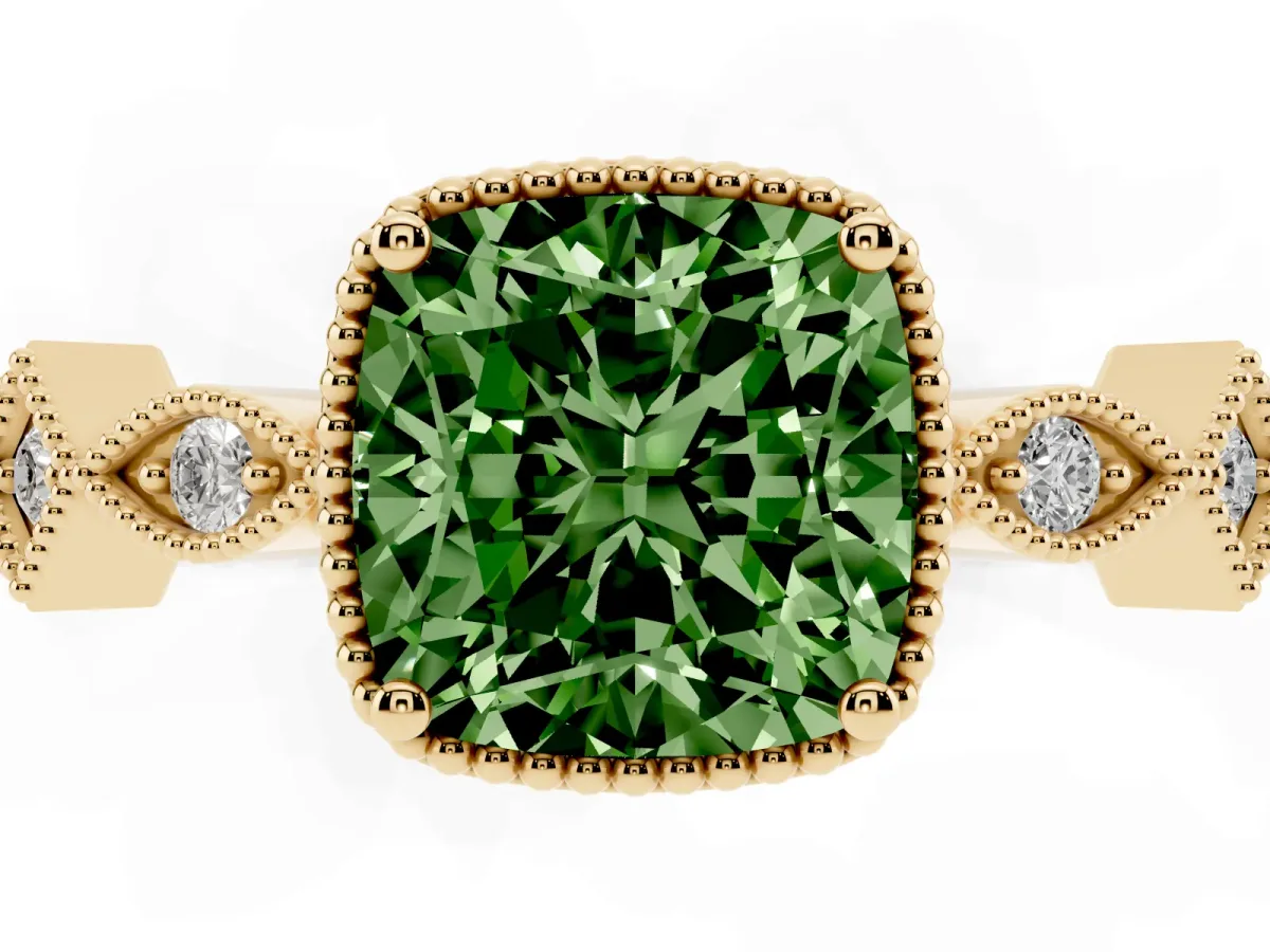 Fancy Green Cushion Cut Milgrain Marquise Diamond Twist Band Ring Yellow gold