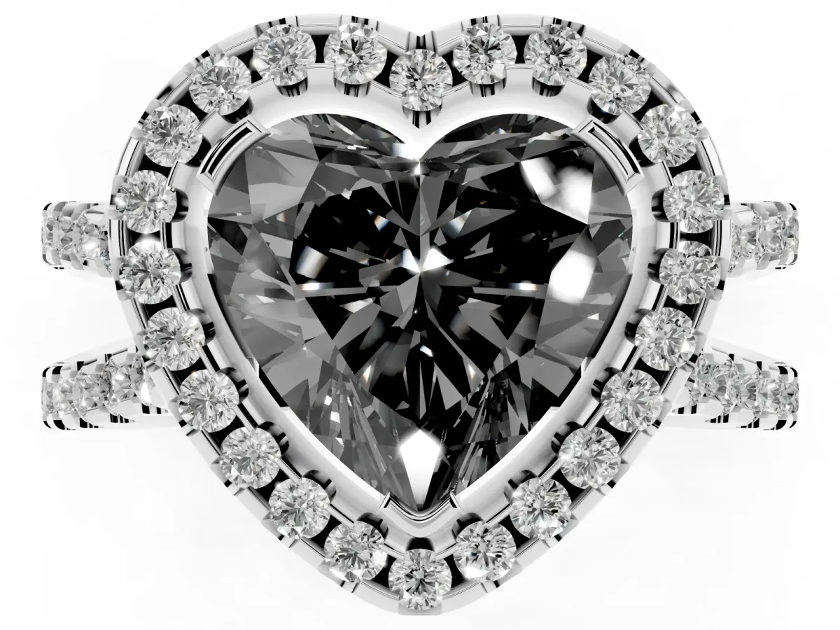 Fancy Black Heart Cut Diamond Halo Ring with Split Shank Pavé Band and Prong Setting White gold