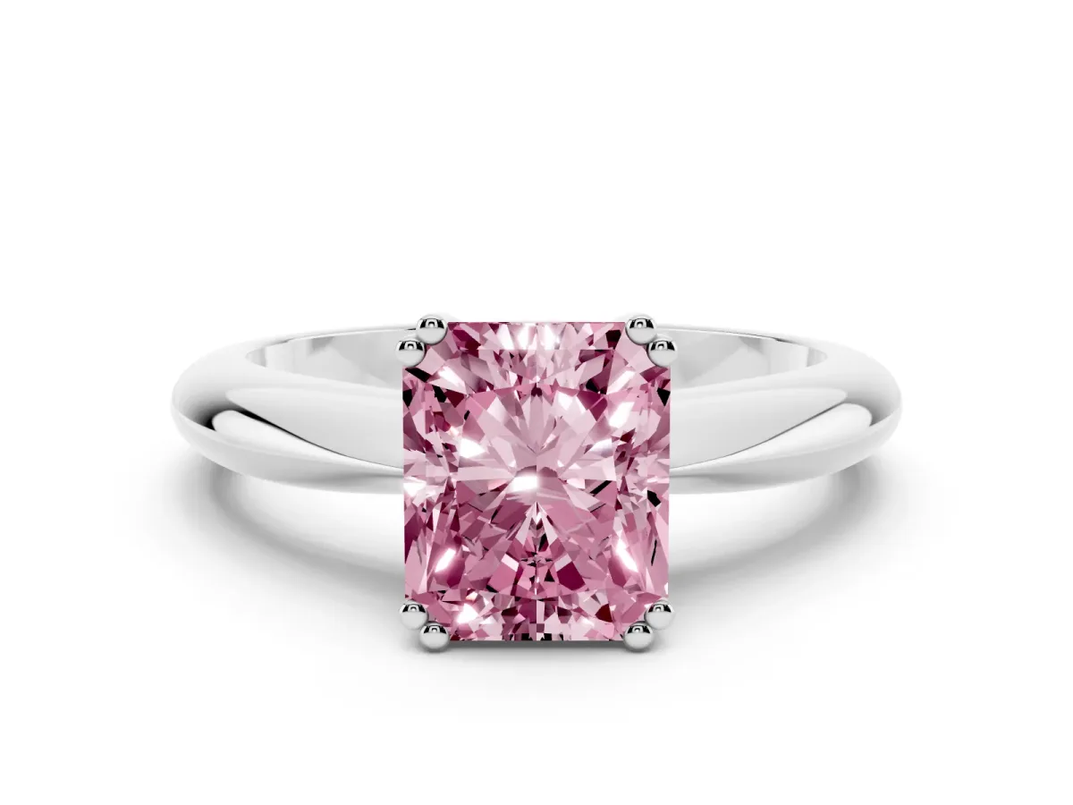 Fancy Pink Radiant Cut Cut Solitaire Engagement Ring with Tapered Band and Four-Prong Setting Platinum