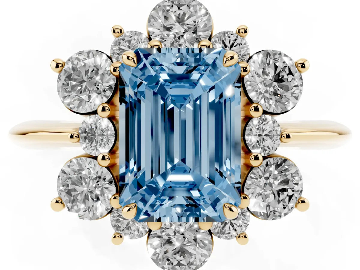 Fancy Blue Emerald Cut Diamond Cluster Halo Ring with Solitaire Band and Four-Prong Setting Yellow gold