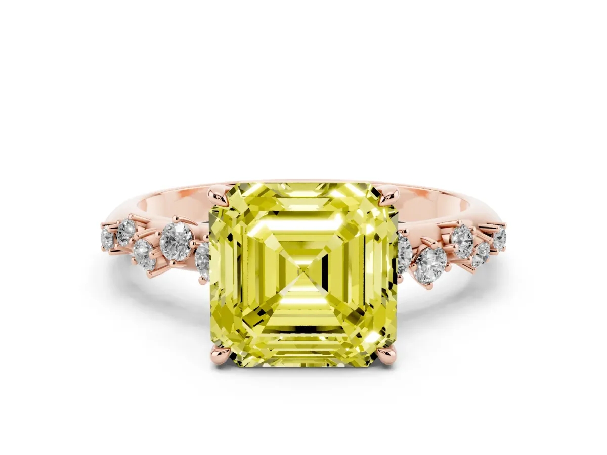 Fancy Yellow Asscher Cut Diamond Cluster Side Stone Solitaire Ring with Prong Setting Rose gold