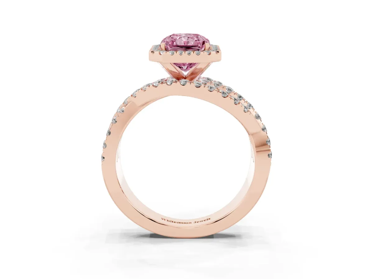 Fancy Pink Radiant Cut Diamond Halo Ring with Round Split Shank and Prong Setting Rose gold