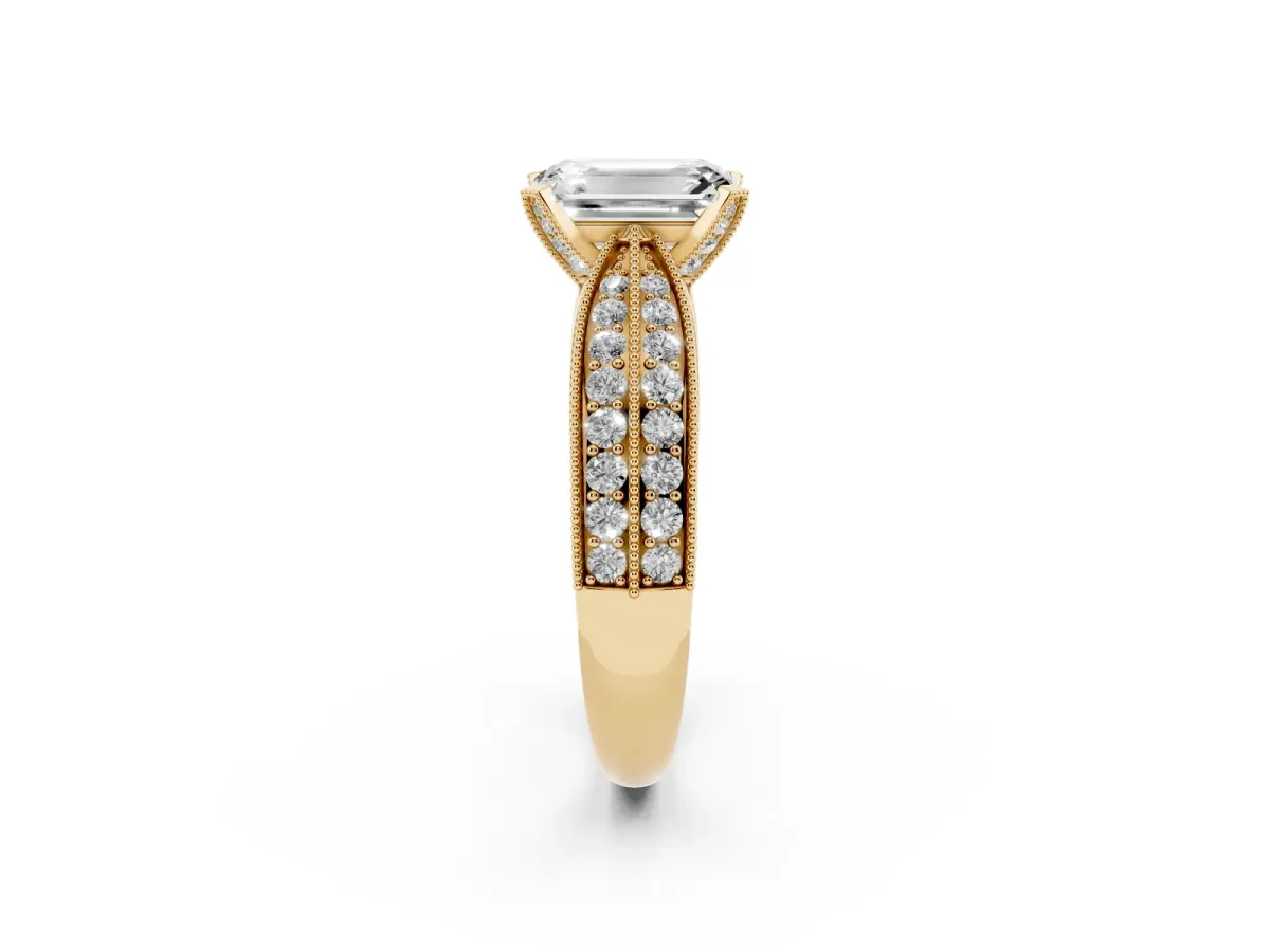 Emerald Cut Diamond Solitaire Ring with Milgrain Round Pavé Band and Prong Setting Yellow gold