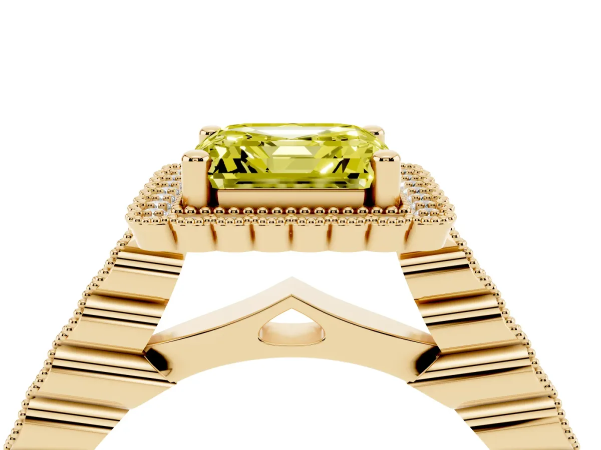 Fancy Yellow Asscher Cut Cut Halo Pavé Solitaire Ring with Milgrain Band Yellow gold