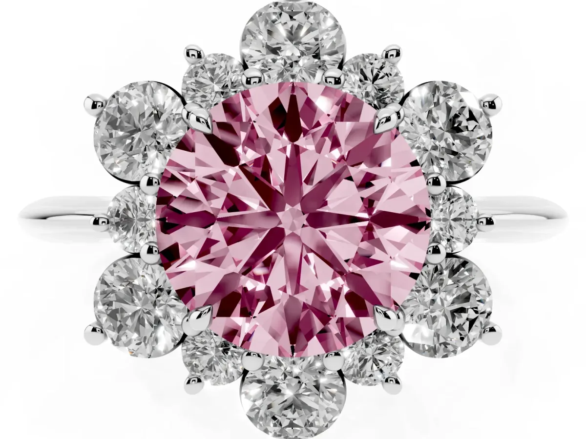 Fancy Pink Round Cut Diamond Cluster Halo Ring with Solitaire Band and Four-Prong Setting Silver