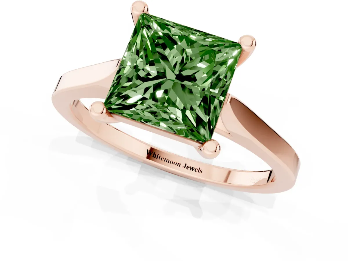 Fancy Green Princess Cut Solitaire Diamond Ring with Four-Prong Setting and Tapered Band Rose gold