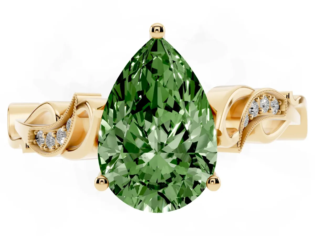 Fancy Green Pear Cut Solitaire Vine Band with Milgrain Prong Setting Yellow gold