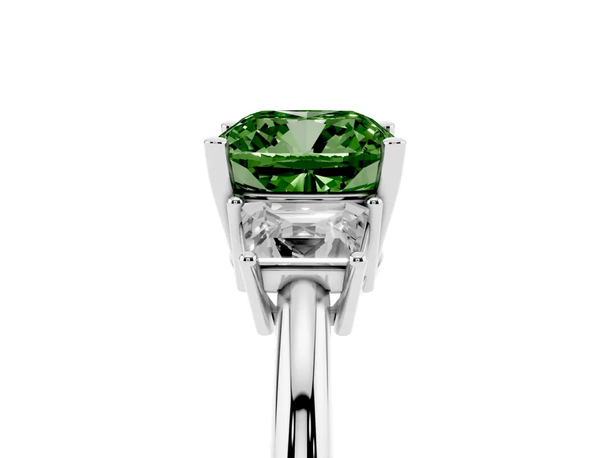 Fancy Green Cushion Cut Diamond Three-Stone Ring with Trapezoid Side Stones and Prong Setting Silver