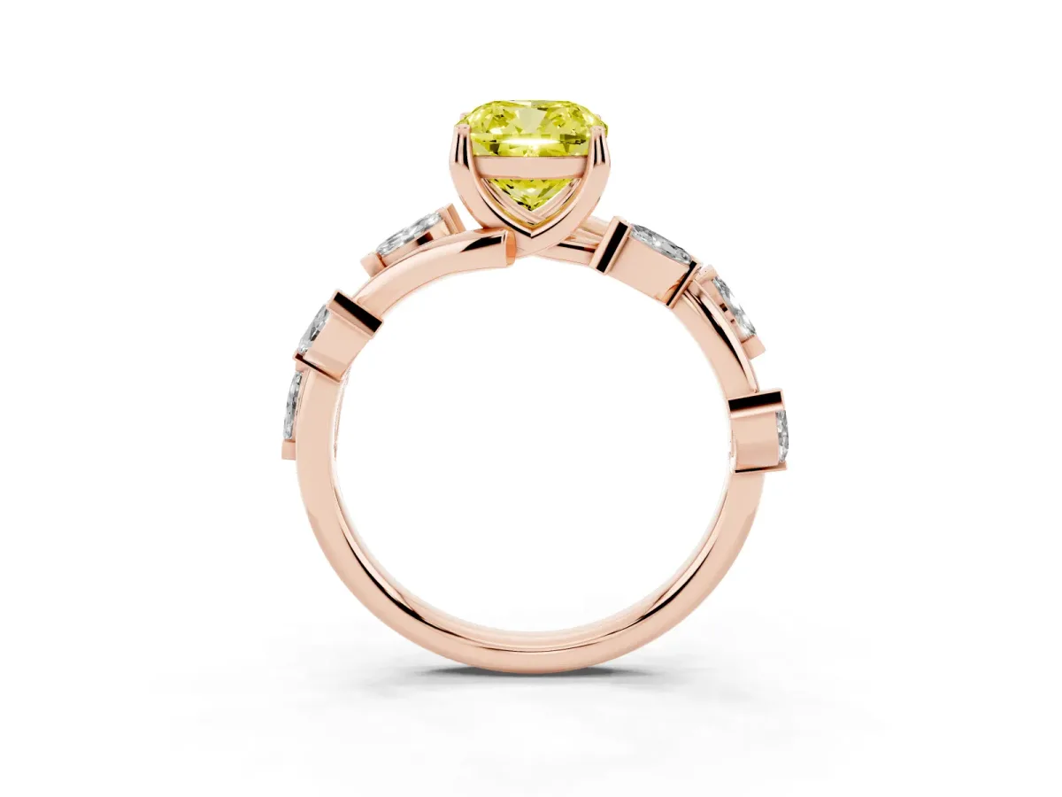 Fancy Yellow Cushion Cut Solitaire Twisted Band Marquise Accent Prong Setting Ring Rose gold