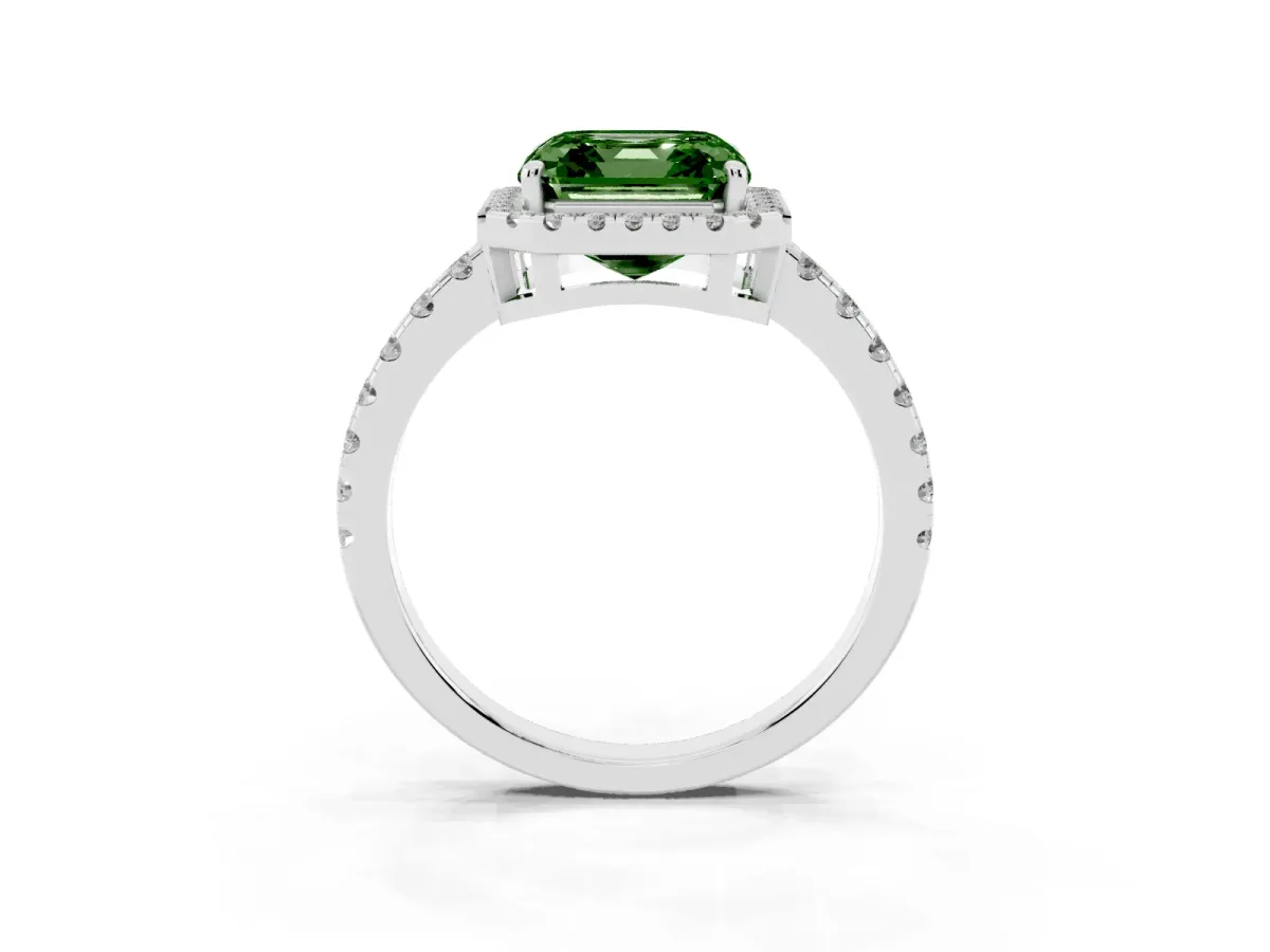 Fancy Green Asscher Cut Diamond Halo Ring with Pavé Band and Four-Prong Setting Platinum