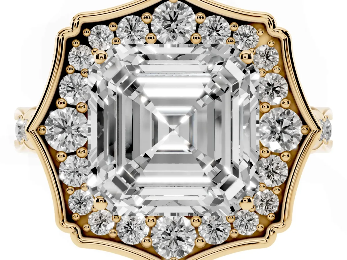 Asscher Cut Halo Diamond Engagement Ring with Milgrain Band and Four-Prong Setting Yellow gold