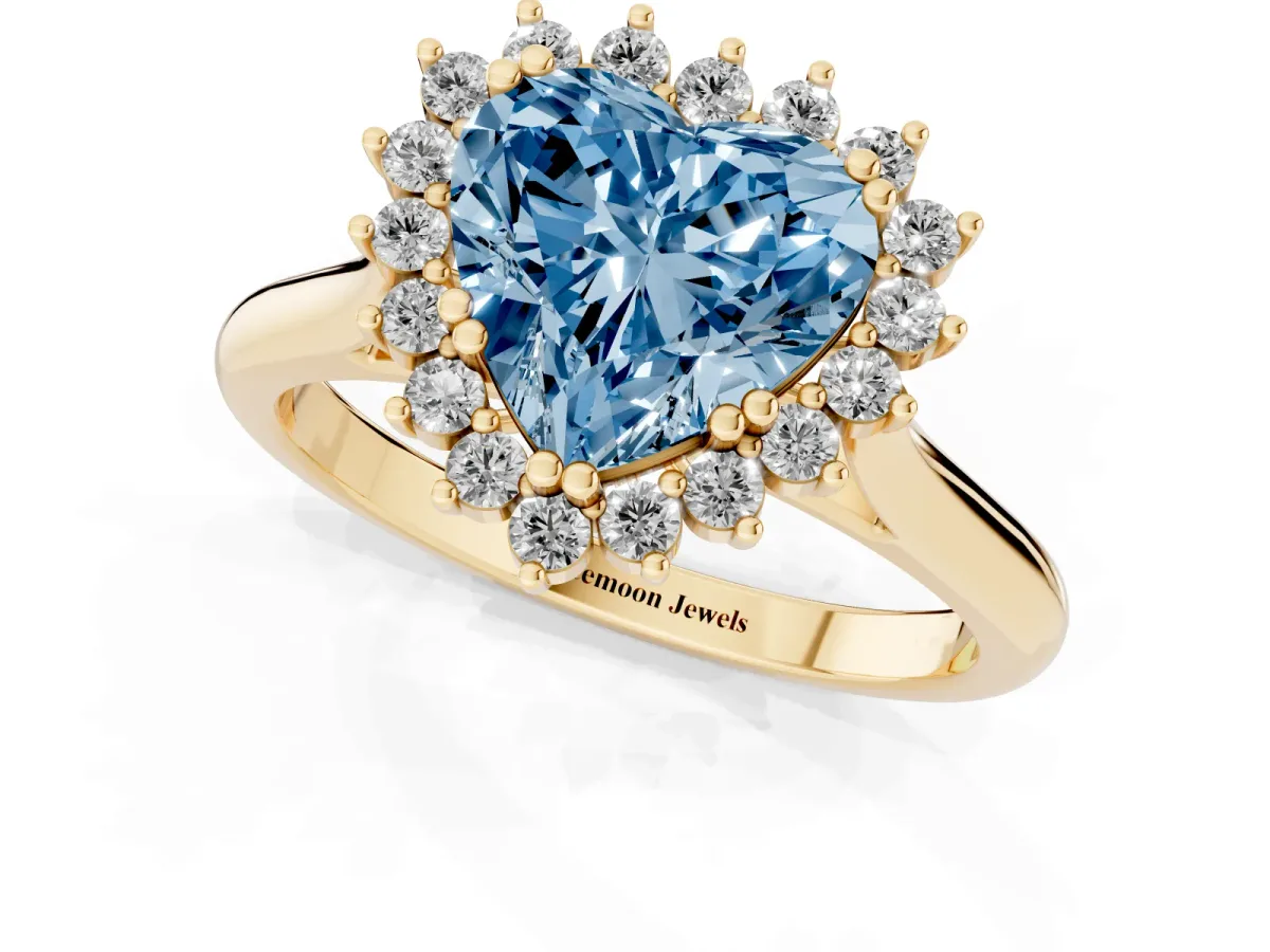 Fancy Blue Heart Cut Cut Diamond Halo Ring with Solitaire Band and Prong Setting Yellow gold