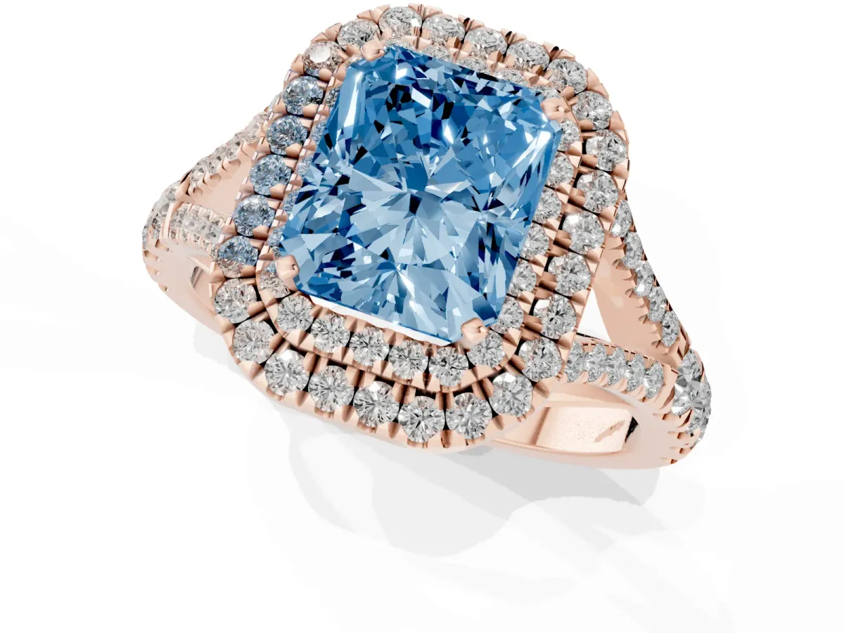 Fancy Blue Double Halo Radiant Cut Diamond Split Shank Engagement Ring with Four-Prong Setting Rose gold