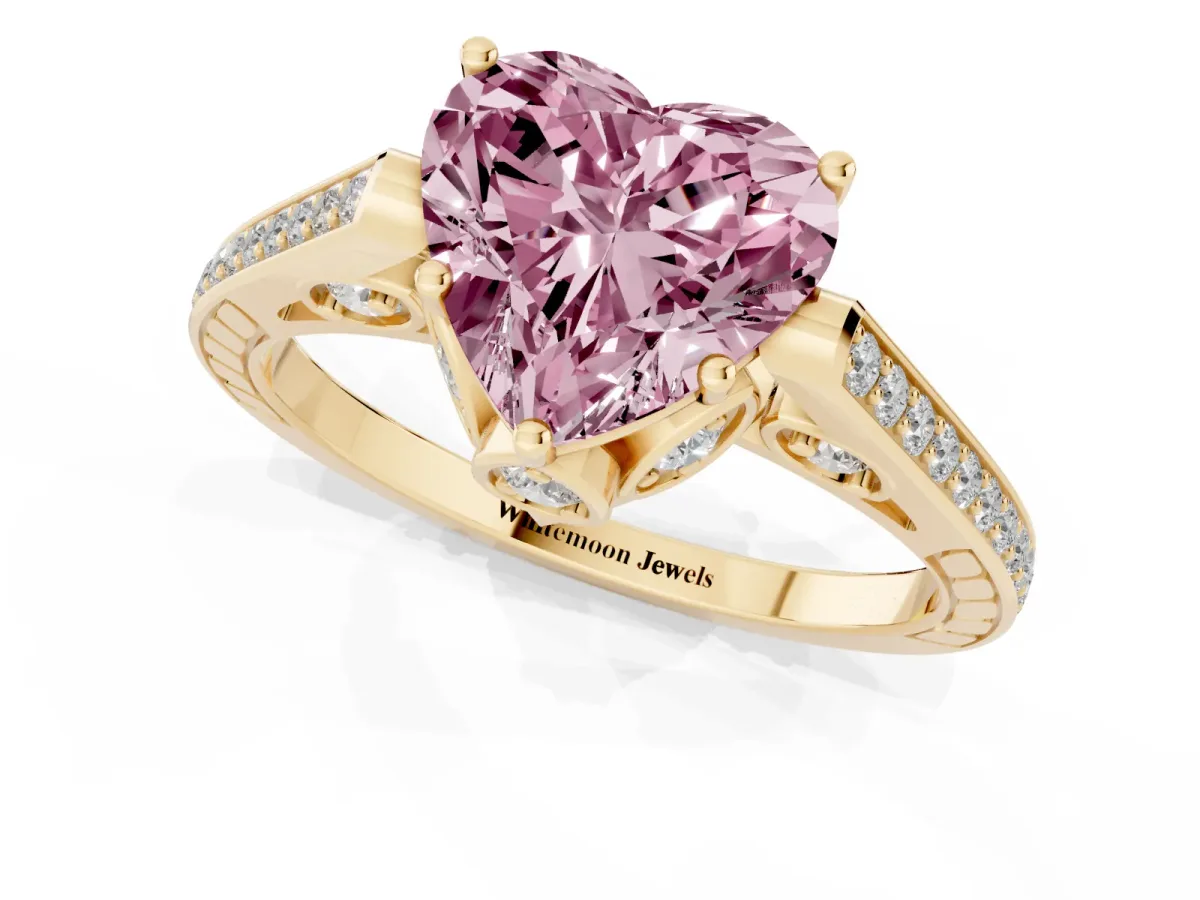 Fancy Pink Heart Cut Cut Cathedral Pave Diamond Engagement Ring with Six-Prong Setting Yellow gold
