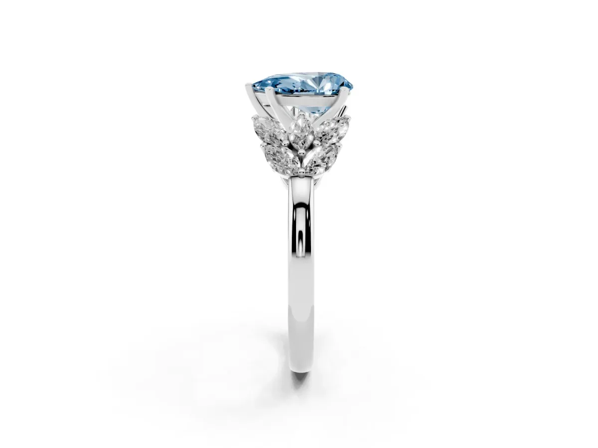 Fancy Blue Pear Cut Diamond Cluster Leaf Design Ring with Prong Setting Platinum