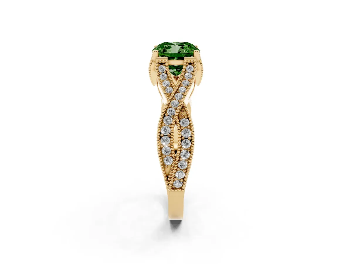 Fancy Green Cushion Cut Cut Diamond Twisted Band with Milgrain Pave Setting and Four-Prong Setting Yellow gold