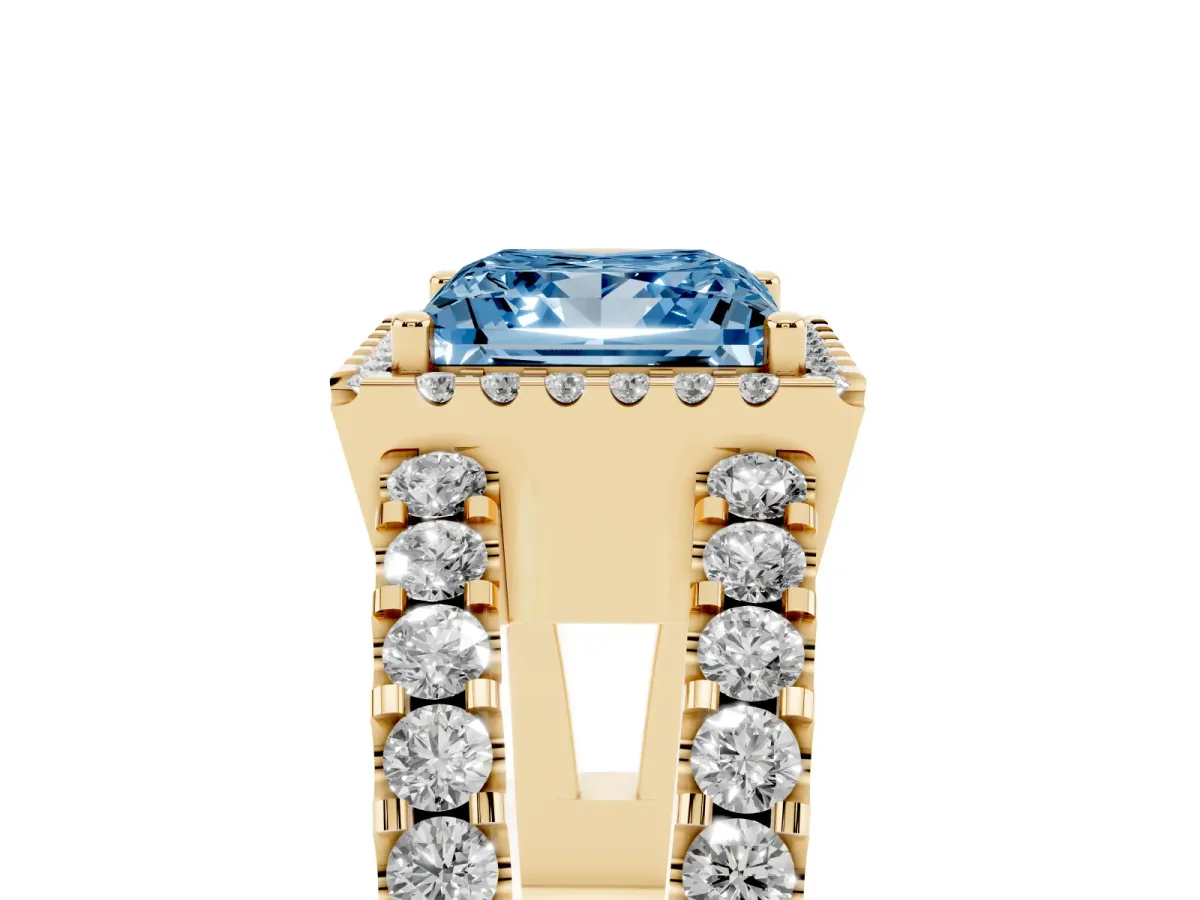 Fancy Blue Princess Cut Cut Halo Split Shank Diamond Ring with Four-Prong Setting Yellow gold