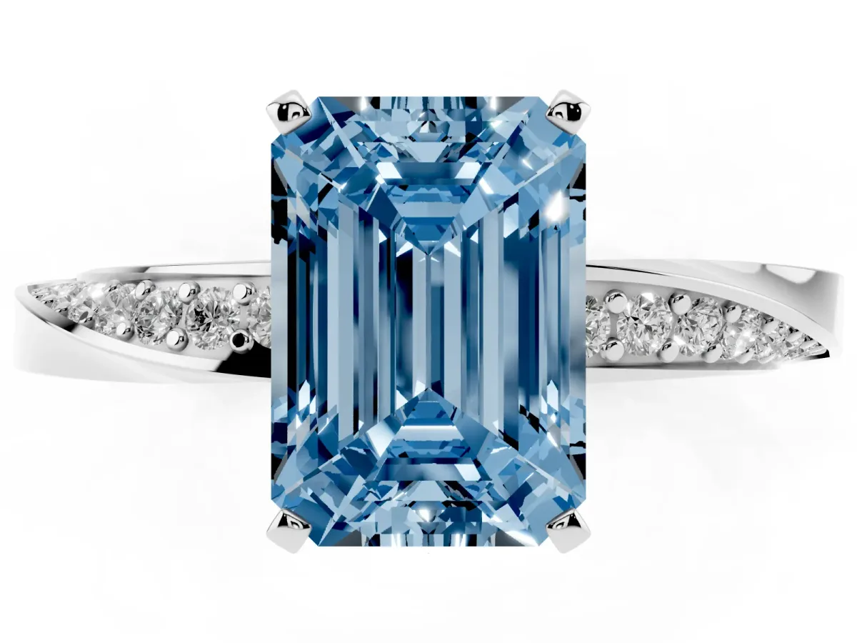 Fancy Blue Emerald Cut Diamond Engagement Ring with Side Stone Accents and Four-Prong Setting Silver