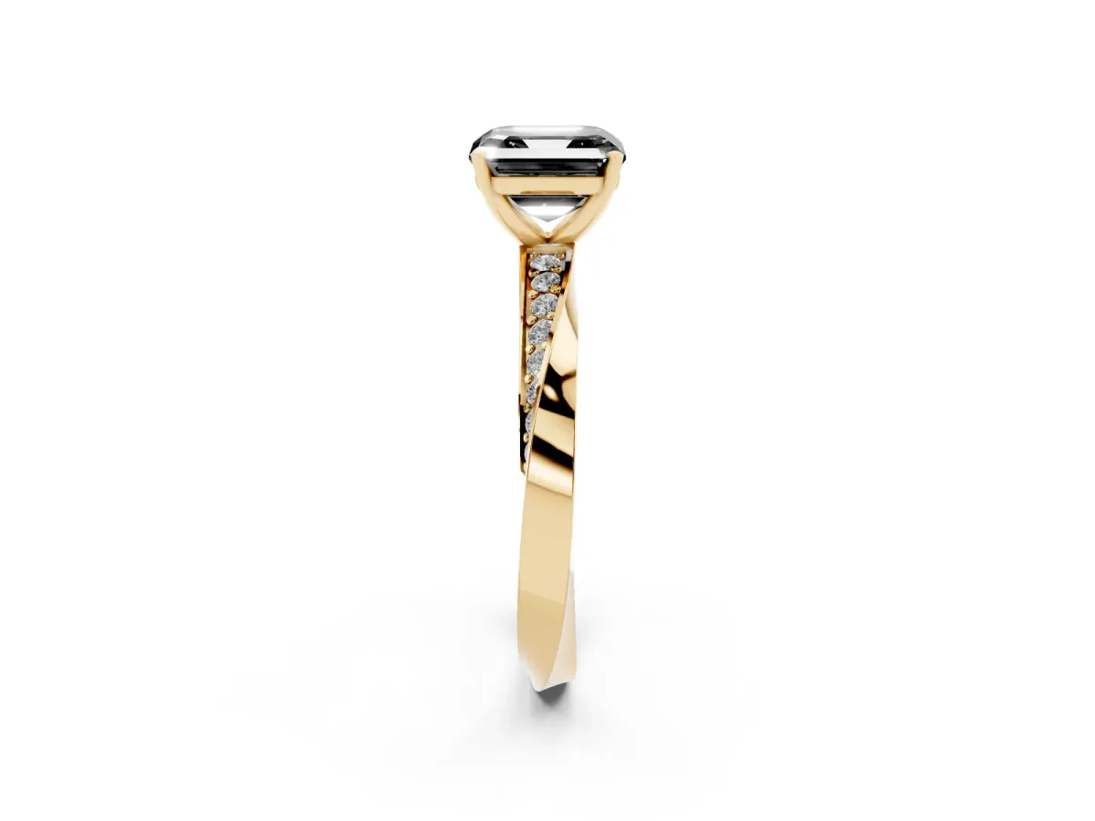 Fancy Black Asscher Cut Diamond Engagement Ring with Side Stone Accents and Four-Prong Setting Yellow gold