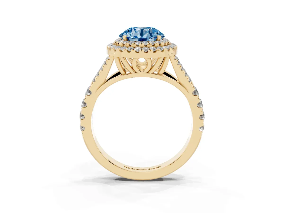 Fancy Blue Round Cut Cut Double Halo Split Shank Diamond Ring with Prong Setting Yellow gold