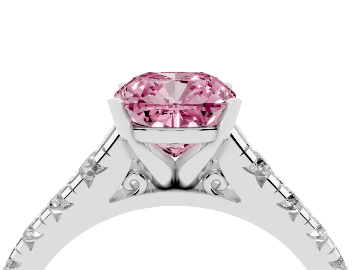 Fancy Pink Cushion Cut Diamond Cathedral Solitaire Ring with Round Pavé Band Silver