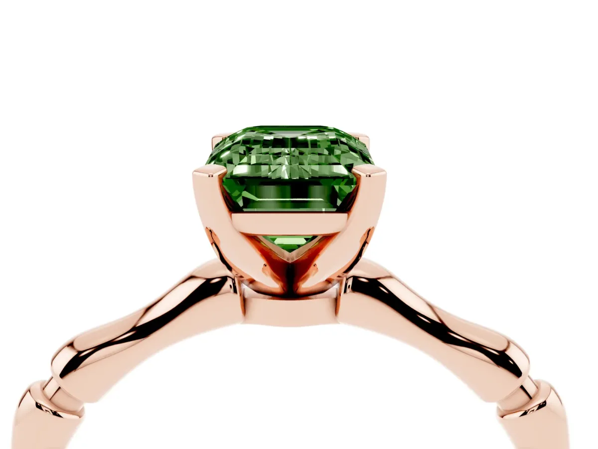 Fancy Green Emerald Cut Solitaire Diamond Ring with Bamboo Band and Four-Prong Setting Rose gold
