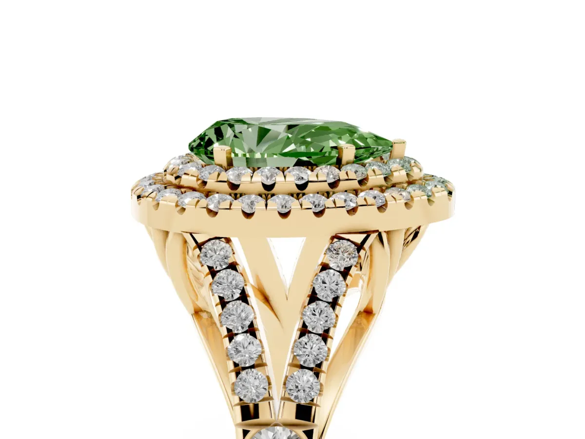 Fancy Green Pear Cut Cut Double Halo Split Shank Diamond Ring with Prong Setting Yellow gold