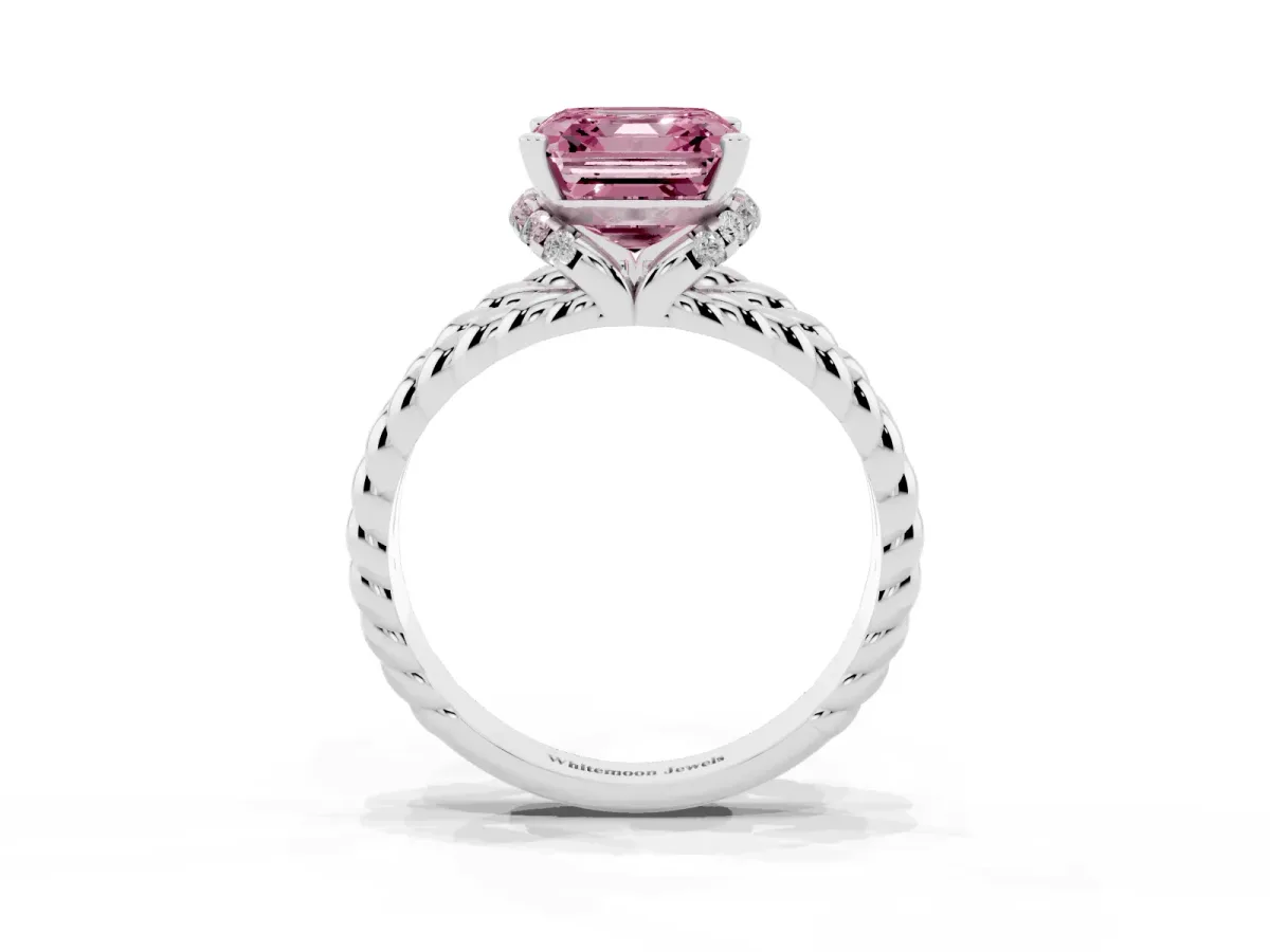 Fancy Pink Asscher Cut Halo Twisted Band Four-Prong Ring Silver