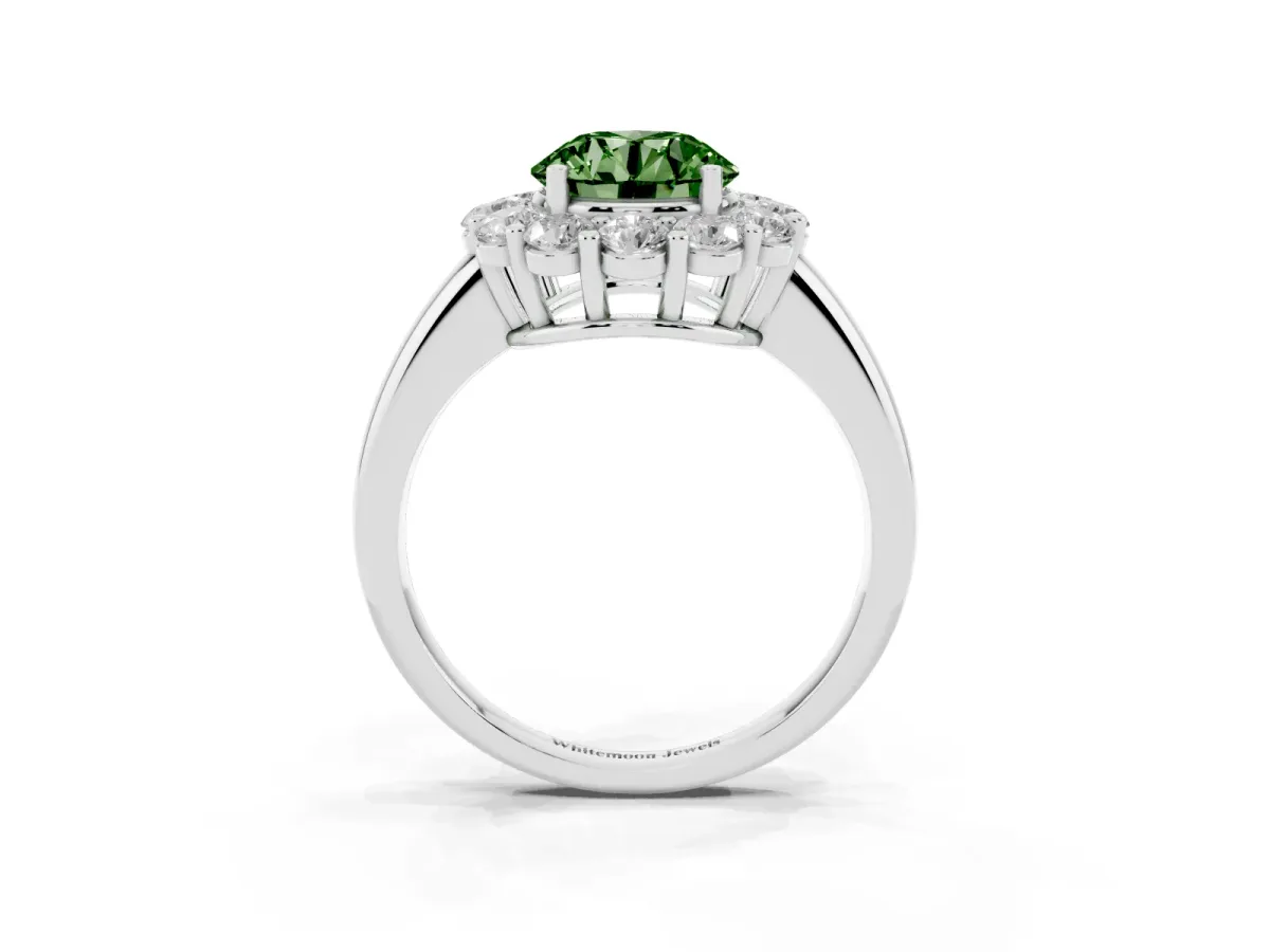 Fancy Green Round Cut Halo Cluster Diamond Engagement Ring with Prong Setting and Polished Band Silver