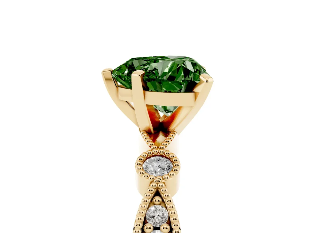 Fancy Green Heart Cut Milgrain Bezel Diamond Engagement Ring with Solitaire Prong Setting Yellow gold
