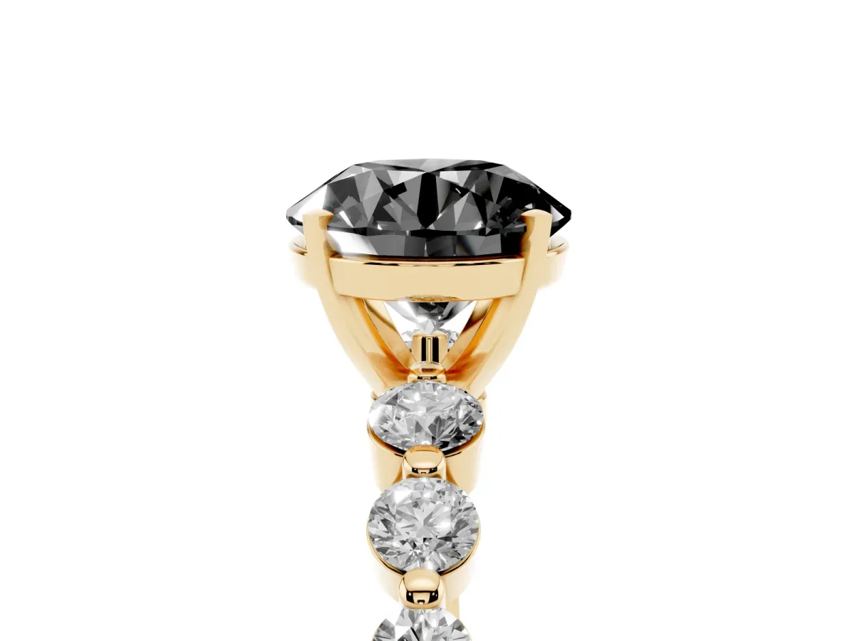 Fancy Black Round Cut Solitaire Diamond Ring with Pave Band and Four-Prong Setting Yellow gold