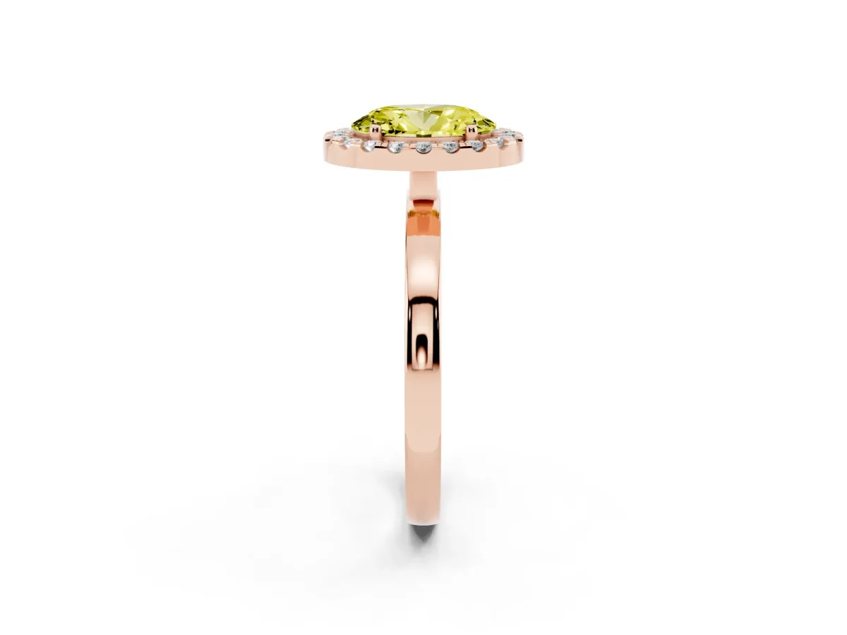 Fancy Yellow Oval Cut Halo Diamond Solitaire with Pavé Band and Four-Prong Setting Rose gold