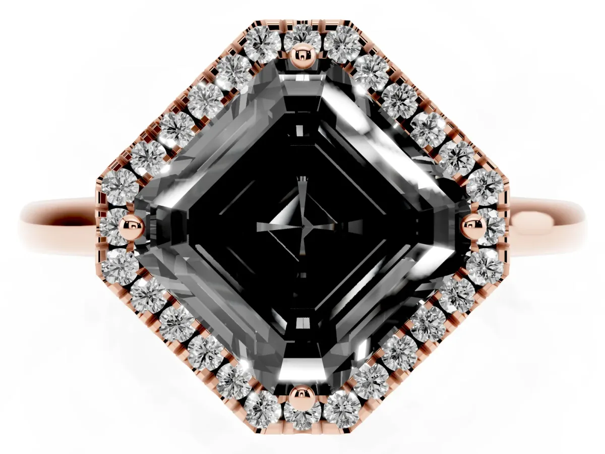 Fancy Black Asscher Cut Halo Round Diamond Solitaire Engagement Ring with Pave Band and Four-Prong Setting Rose gold