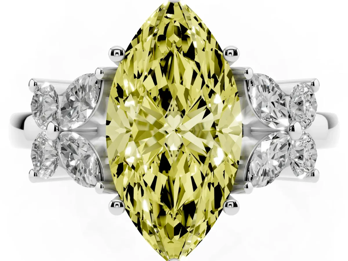 Fancy Yellow Marquise Cut Diamond Floral Cluster Ring with Solitaire Band and Prong Setting Silver