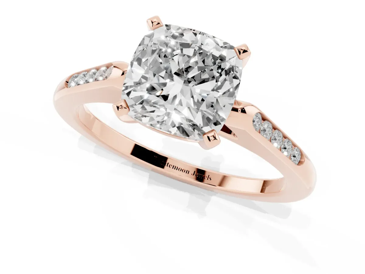Cushion Cut Diamond Solitaire Ring with Channel Set Round Band and Prong Setting Rose gold