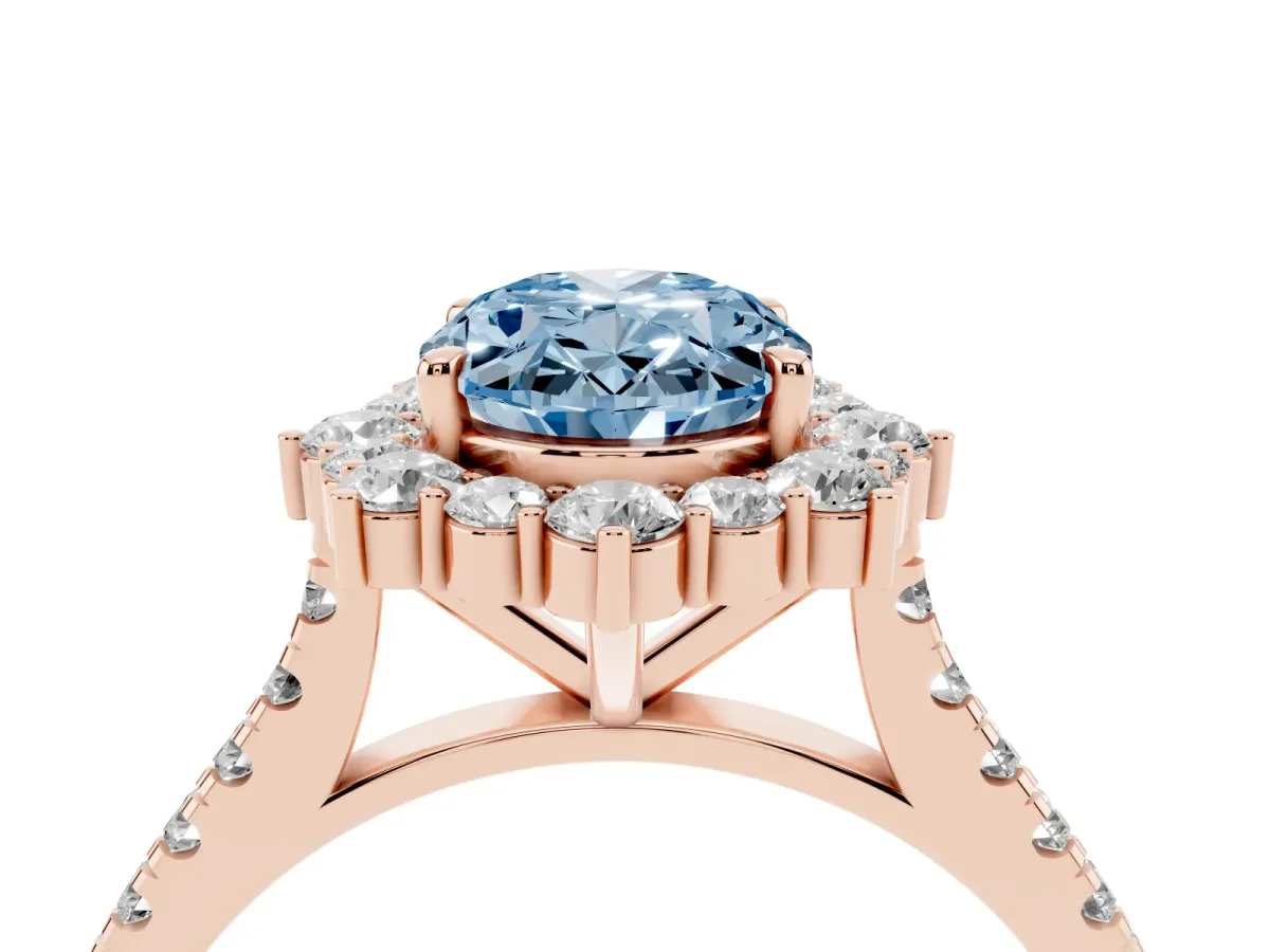 Fancy Blue Oval Cut Halo Diamond Ring with Pavé Band and Prong Setting Rose gold