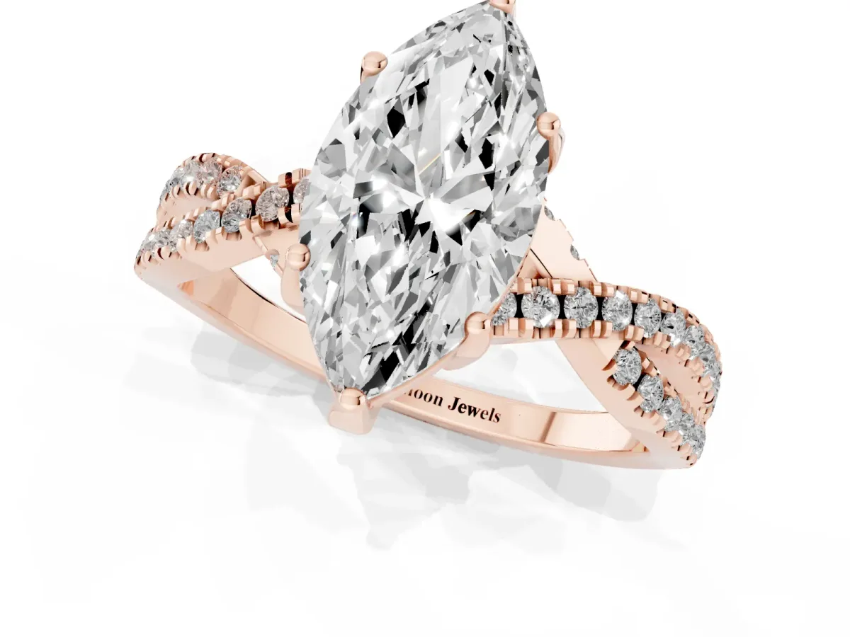 Marquise Cut Solitaire Twist Pave Diamond Engagement Ring with Prong Setting Rose gold