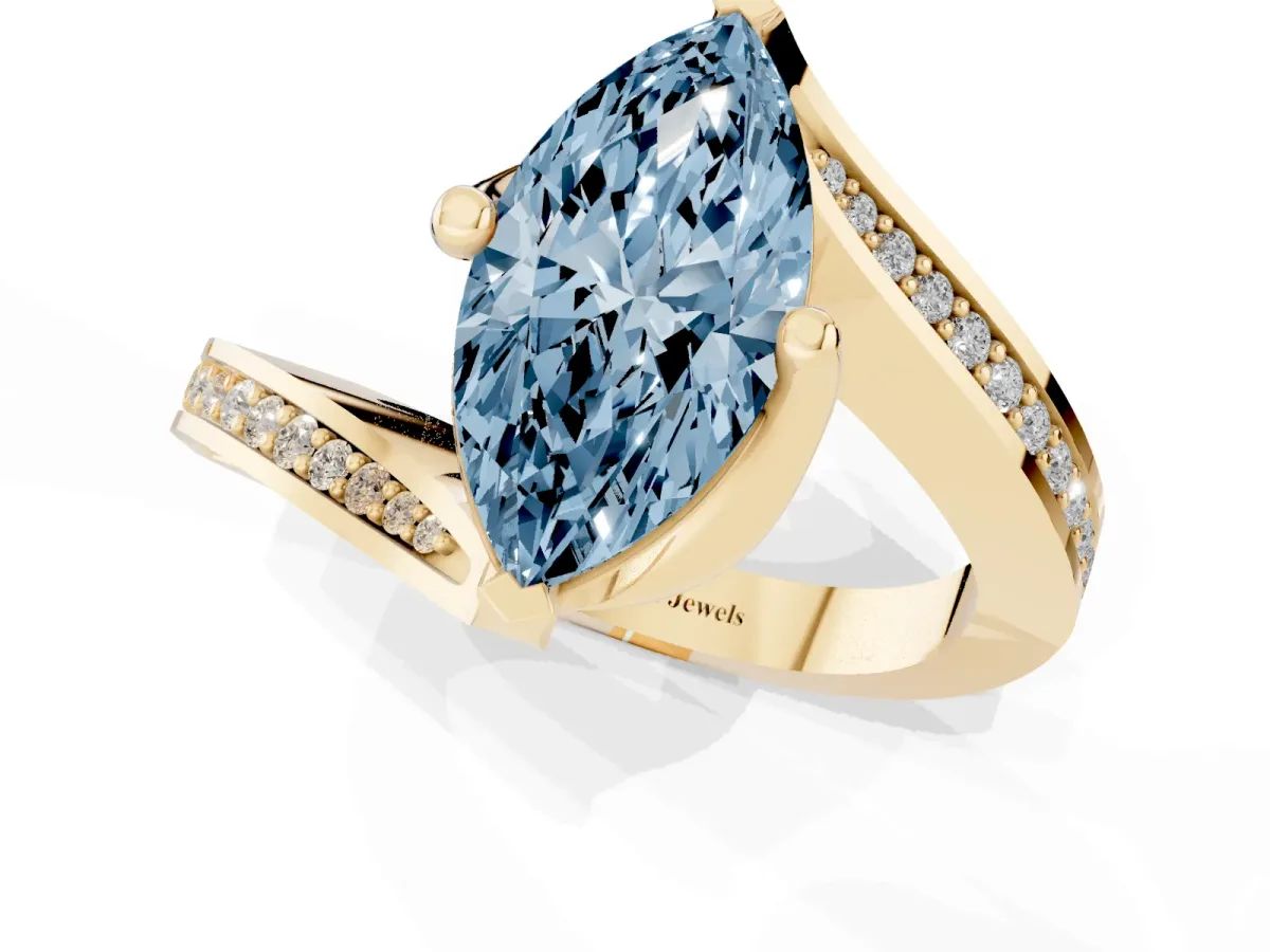 Fancy Blue Marquise Cut Solitaire Diamond Twist Band with Pavé Setting and Four-Prong Setting Yellow gold