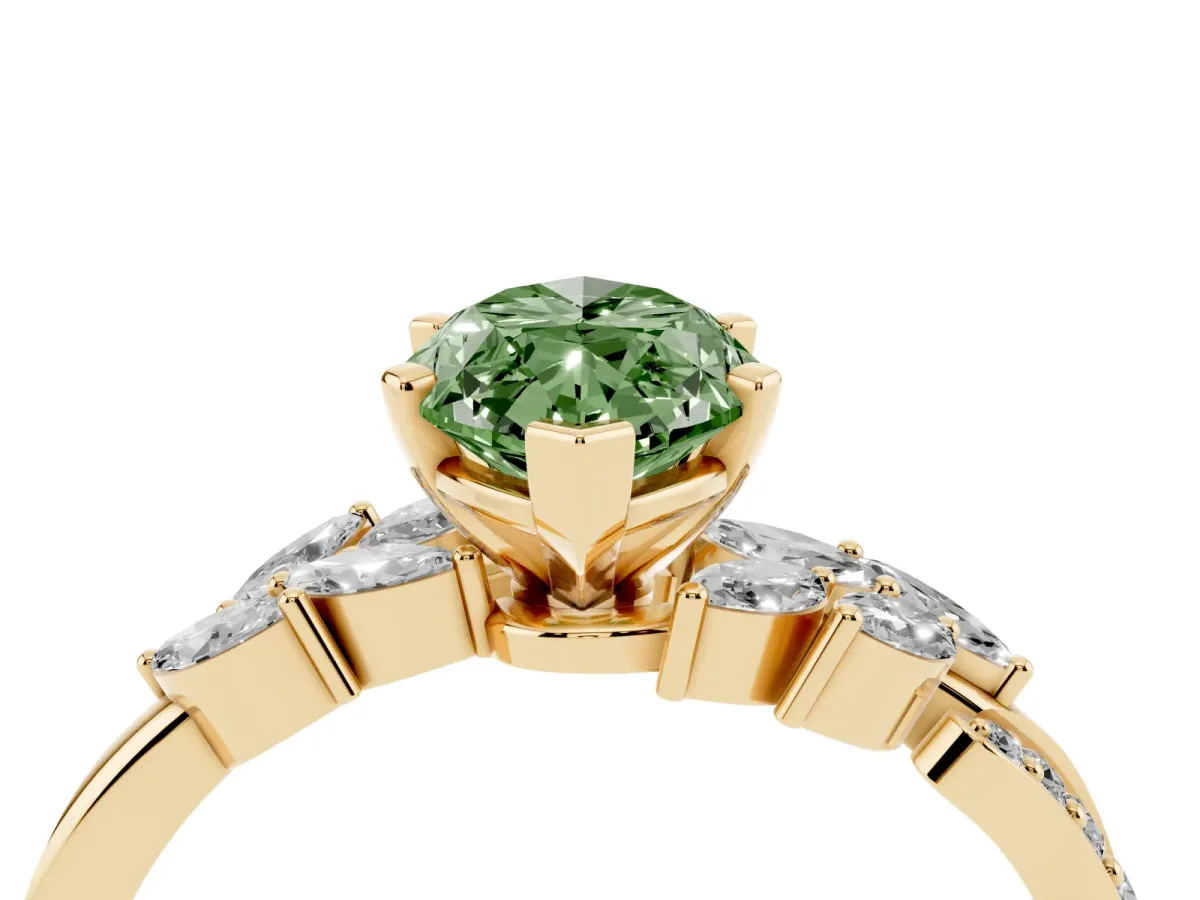 Fancy Green Marquise Cut Solitaire Marquise Twist Band with Six-Prong Setting Yellow gold