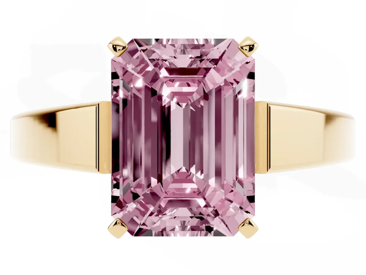 Fancy Pink Emerald Cut Solitaire Engagement Ring with Four-Prong Setting and Tapered Band Yellow gold