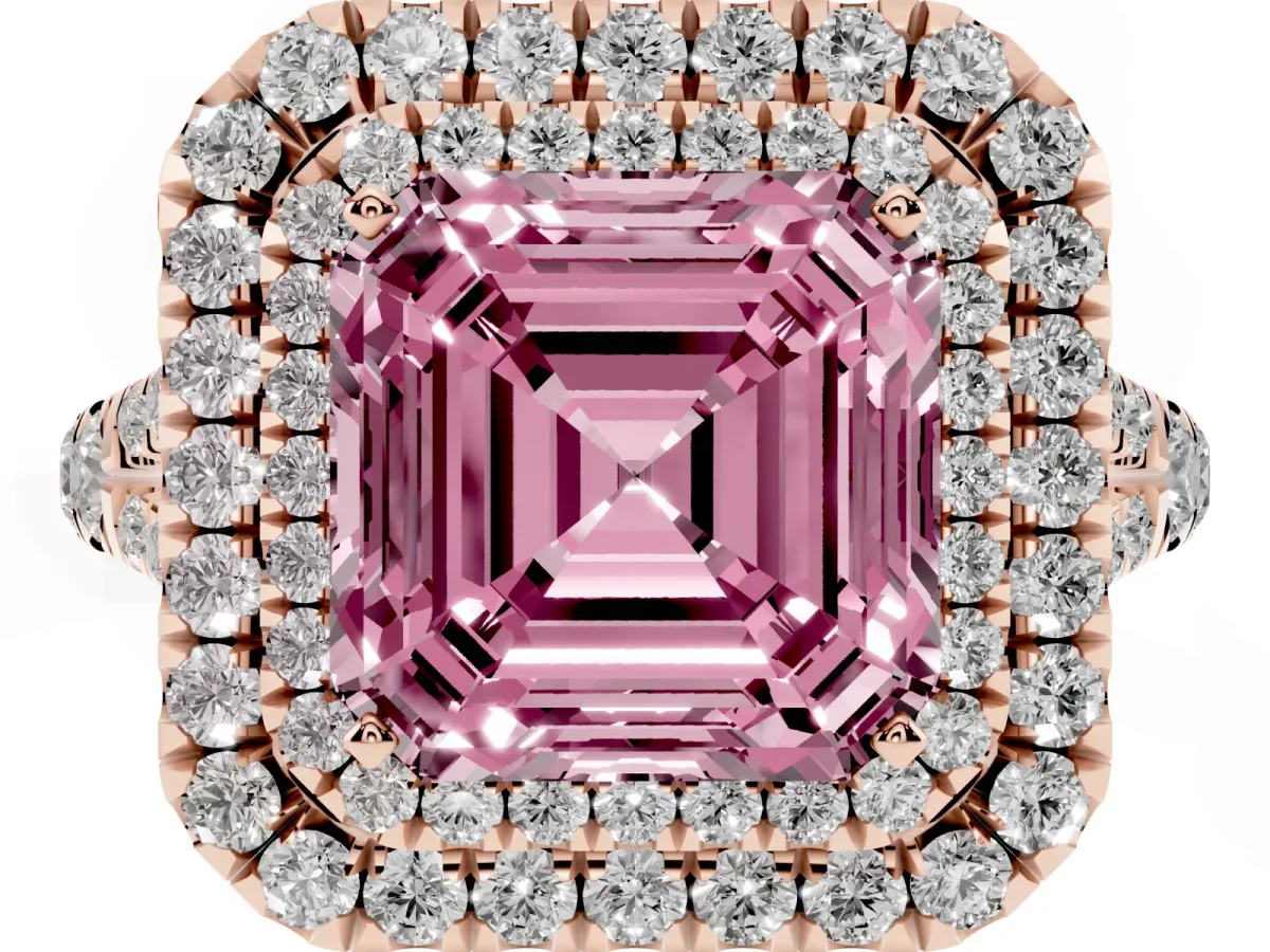 Fancy Pink Asscher Cut Cut Double Halo Split Shank Diamond Ring with Prong Setting Rose gold