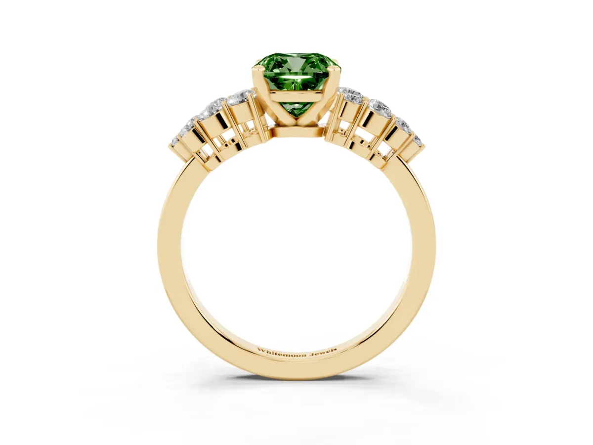 Fancy Green Cushion Cut Cluster Diamond Engagement Ring with Pavé Band and Four-Prong Setting Yellow gold